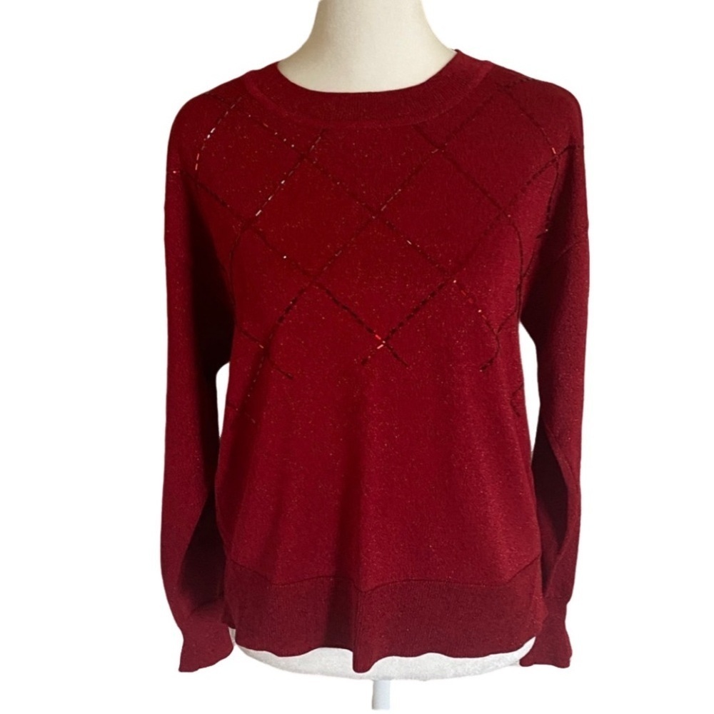Alfani Shine Embellished Red Lattice Pattern Women's Sweater. Size S. Beaded.